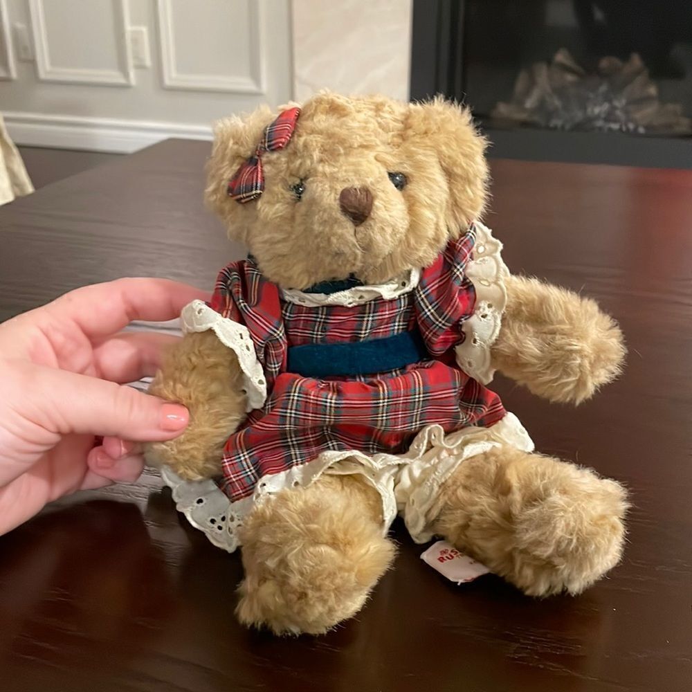 Vintage Russ Berrie, Beverly the Tan Bear From The Past Plush 10” Plaid Dress